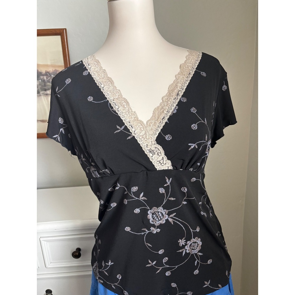 JKLA California Black Floral Embroidered Lace Trim V-Neck Empire Waist Top y2k